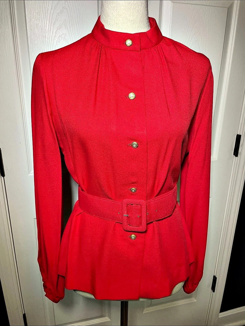 Vintage Nelly De Grab Red Long Sleeve Blouse High Neck Gold Button Up Mid Centur
